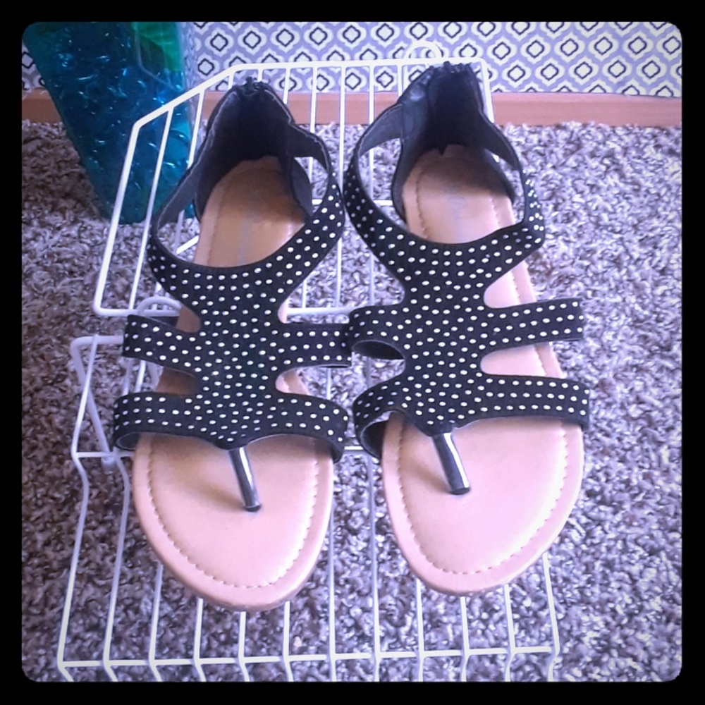 Black faux suede sandals with rhinestones